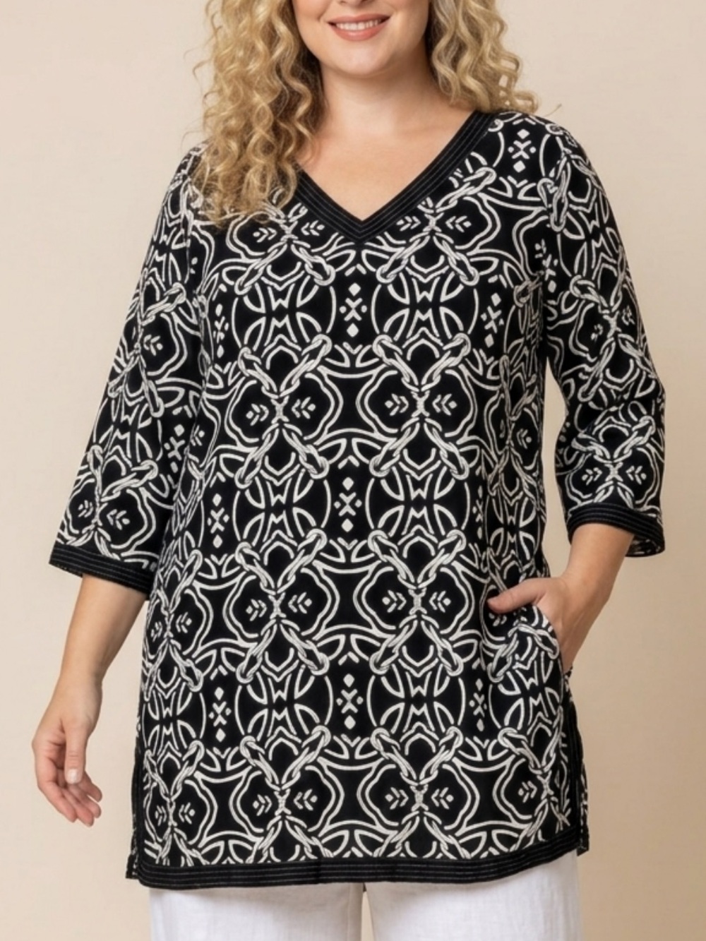 Lands End Geometric Link Patterned Kaftan Womens Size XL Swim Cover Up Tunic Top